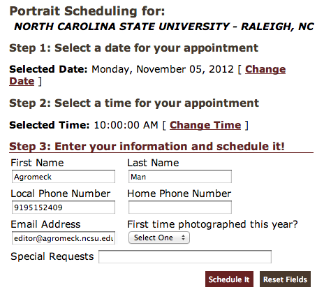 Screenshot showing portrait scheduling personal information